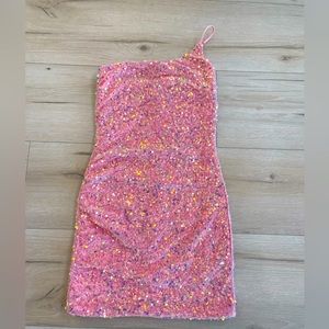 NWT Lucy in the Sky ERAS TOUR “Lover” One Shoulder Pink Sequin Mini Dress